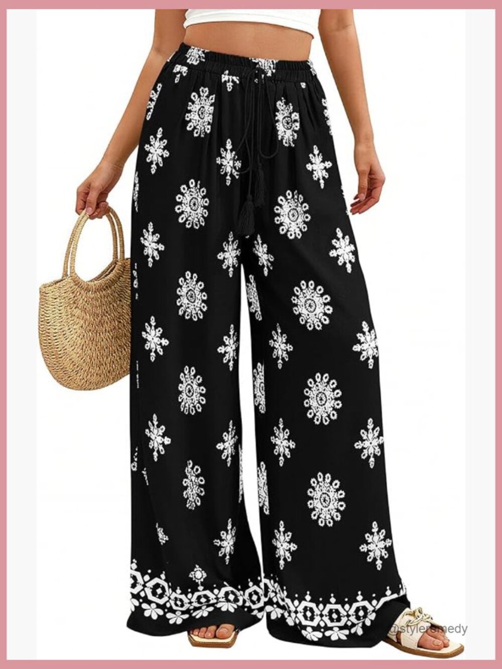 Viscose Wide Leg Palazzo Pants with Elastic Waist and Pockets